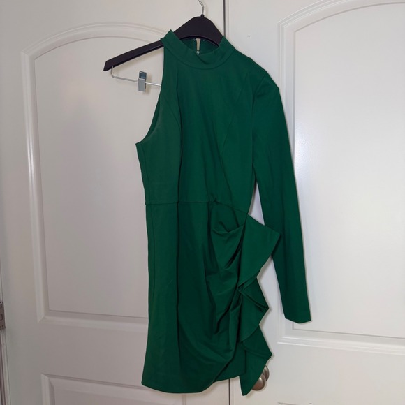 NBD Dresses & Skirts - NBD Emerald Green One Shoulder Ruffle Mini Dress Mock Neck Long Sleeve Small